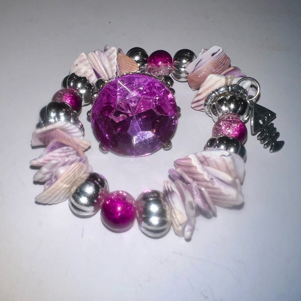 ♦️ Pink and‎ Silver Shell Beaded Bracelet with Ring